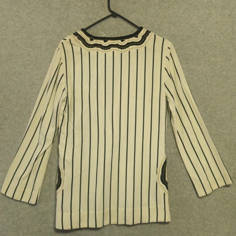 Tory Burch Womens Striped Embroidered Tunic Size 4 Cream Navy Blue Boho Split